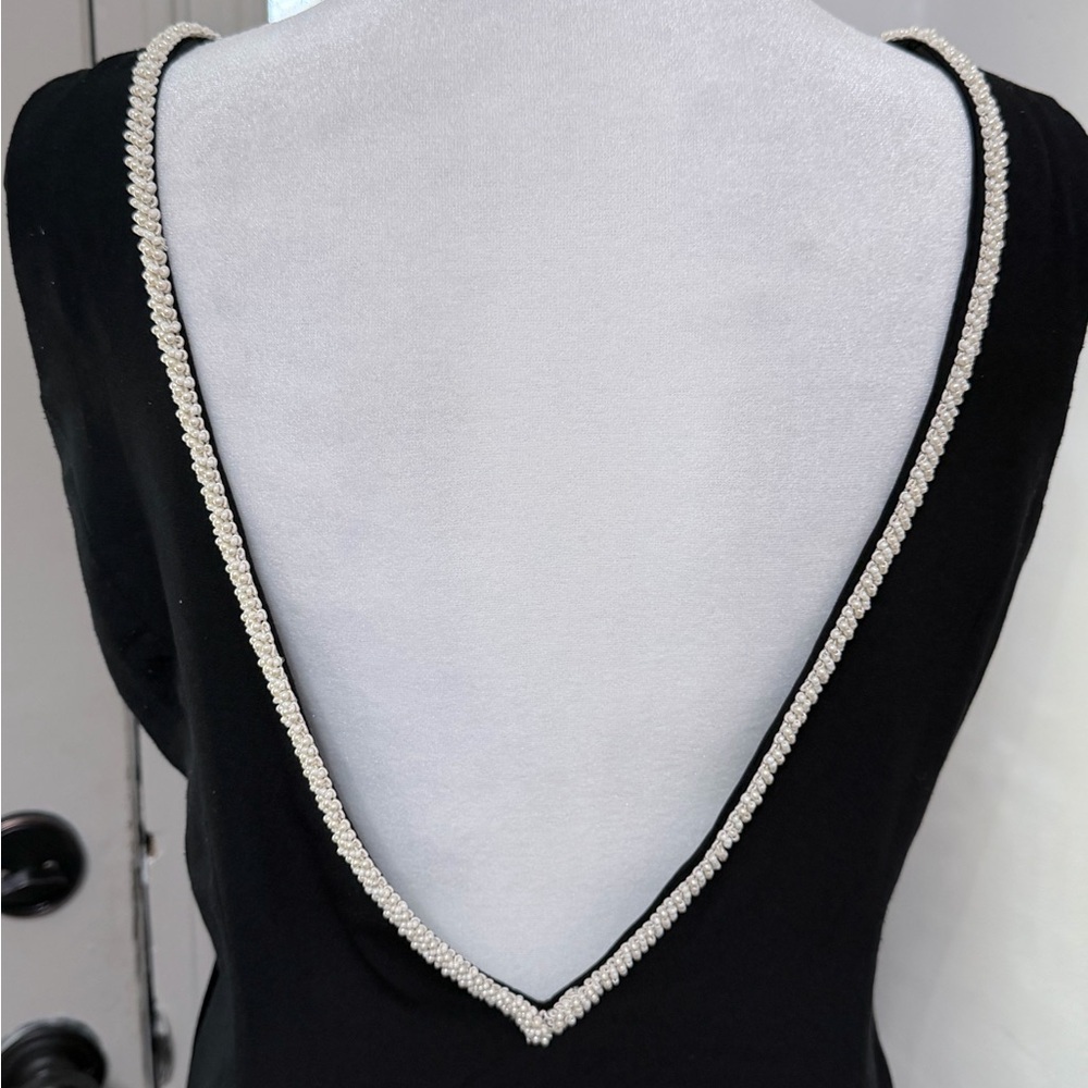 Handmade Black Long Dress Pearl Trim Open Back Elegant Evening Gown - Picture 9 of 10